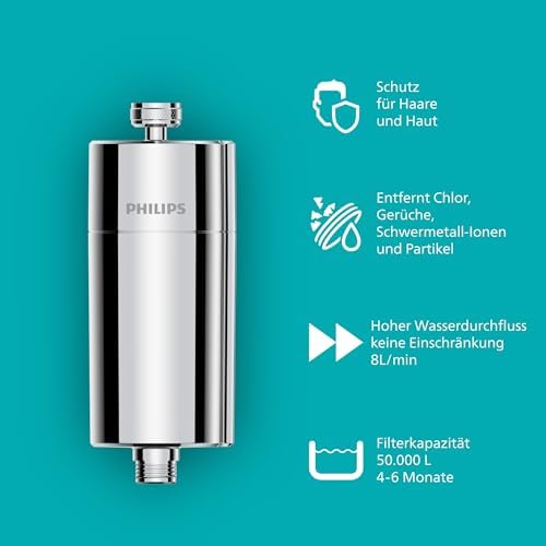 Water Inline-Duschfilter +3 Ersatzfilterkartuschen reduziert Chlor um bis zu 99 Prozent passend für alle Standardschläuche und -armaturen chrom 50 000 L Filterkapazität