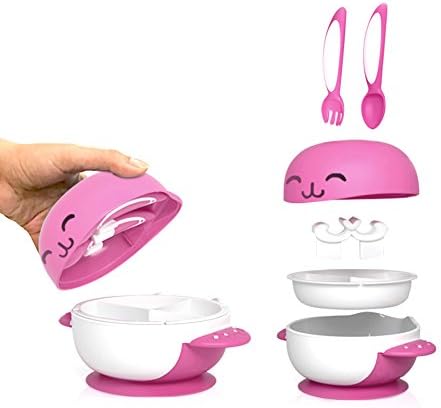 Baby Toddler Training Slip-resistance Sucker Bowl with Lid Spoon Fork Spoon Rest Seperate plate,Infant Spill Proof Feeding Tableware 6 set (PINK)