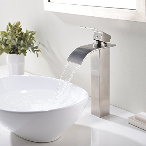 VESLA HOME Single Handle Tall Waterfall Brushed Nickel Vessel Sink Bathroom Faucet, Lavatory Vanity Sink Faucet With Large Rectangular Spout