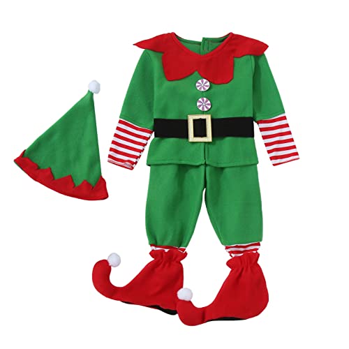 Family Christmas Elf Costume Set 5 Piece Outfit with Long Sleeve Fleece Top Pants Belt Hat and Boot Fancy Dress for Women Men and Kids Plus Size Xmas Dress Up for Holiday,Green,5-6 Years