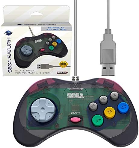 Retro-Bit Official Sega Saturn Usb Controller Pad (Model 1) (Old Version) For Sega genesis Mini Pc Mac Steam Retropie Raspberry Pi - Usb Port - (Slate grey)