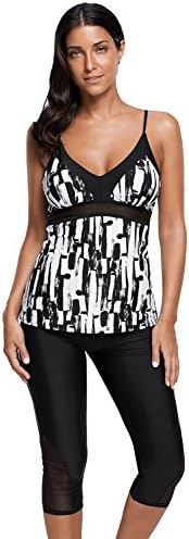 Blossil Woman's Abstract Print Pattern Mesh Sleeveless Strappy Tank Top Cropped Capri Pant 2PC Two Piece Tankini Set Swimsuit Swimwear Bathing Suit for Women Black White Size M
