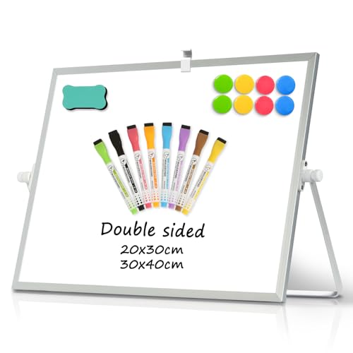 DOLLAR BOSS Small Whiteboard A3 Magnetic White Board with Stand 30x40cm | Double Sided Desk Whiteboard Mini Portable Dry Erase 360°adjustable with 8 Markers 1 Eraser 8 Magnets, for Home Office School