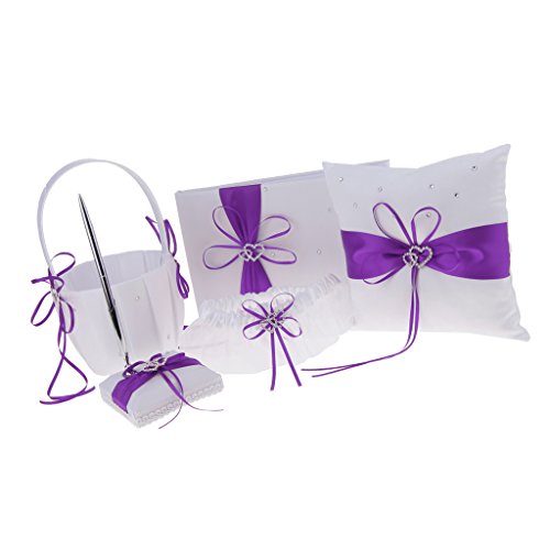 SunniMix Pieces of 5 Wedding Set Guest Book and Pen Stand Flower Girl Basket Ring Cushion Ring Holder Ring Bearer Garter Keepsake Memorial - Purple, as described