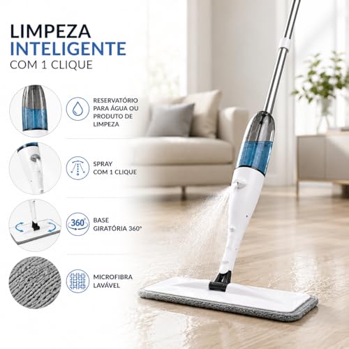 Rodo Spray com Reservatório de Água e Refil Microfibra Ultra Absorvente; Mop de Limpeza para Piso, Porcelanato e Laminado; Limpeza Prática Sem Balde