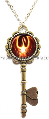 Black Phoenix Key Necklace Glass Key Pendant Fantasy Fire Bird Jewelery Glass Cabochon Key Necklace bijouterie Movie Jewelry，AQ138
