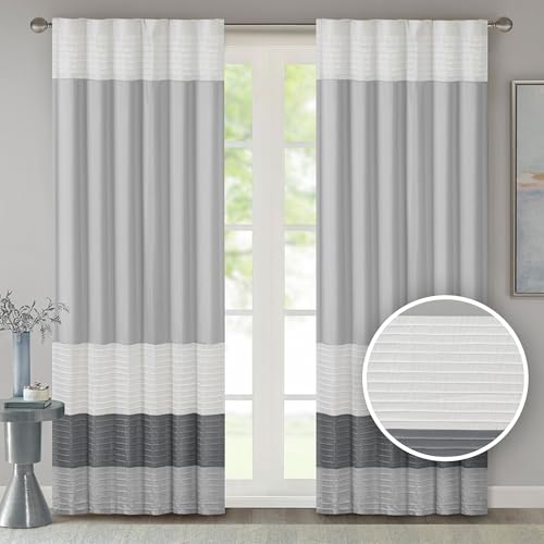 Madison Park Window Curtain Single Panel Faux Silk, Elegant Pleats, Rod Pocket Curtains for Living Room Privacy, Room Darkening Window Curtain for Bedroom and Dorm, Amherst, 84 L x 50 W, Grey