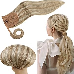 RUNATURE Real Hair Ponytail Extension Blonde Highlighted Ash Brown Ponytail Human Hair Extensions Clip in Ponytail Hair Extensions Straight 14 Inch 70 Gram — image 1