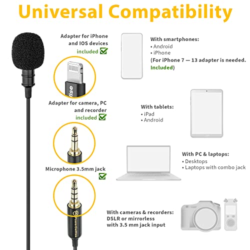 Professional Grade Lavalier Microphone with Adapter Compatible with