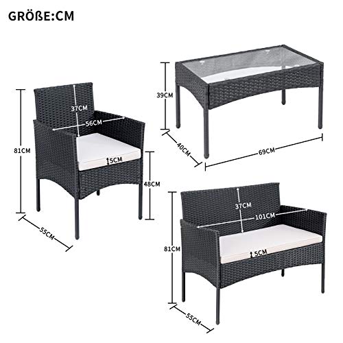 Gartenlounge Set, Balkonmöbel Set für 4 Personen, Schwarz,Polyrattan Sitzgruppe Mit 2-er Sofa, 2 Singlestühle,Glastisch… – Bild 3