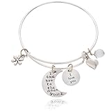 BEMI Popular 925 Sterling Silver Plated Engraved Message Charm Expandable Wire Bangle Bracelet for Woman I Love You To The Moon And Back Cat Eye