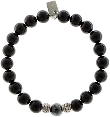 EvaDane Natural Black Onyx Gemstone Rope Bead Hematite Center Stone Stretch Bracelet - Size 7 Inch ( 1_ONY_S_R_S-HEM_7)