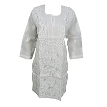 Mogul Interior Womens White Tunic Dress Floral Embroidered Elegant Indian Tunic Kurti