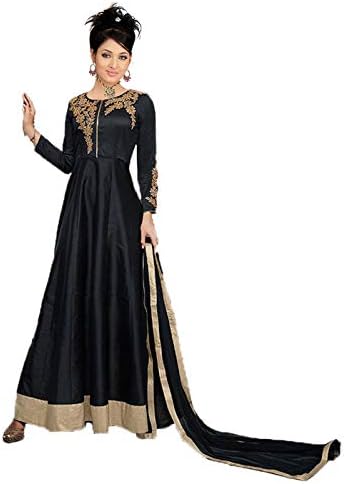 Monika Silk Mill Women's Taffeta Embroidered Semi-Stitched Gown_Black FreeSize
