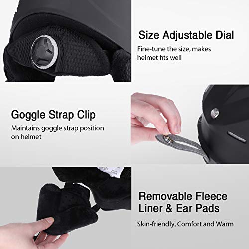 MOHOO Ski Helmet, Snowboard Helmet - Goggles Compatible, Adjustable Venting, Removable Liner and Ear Pads, Lightweight Black Safety-Certified Snow Sports Helmet for Men, Women