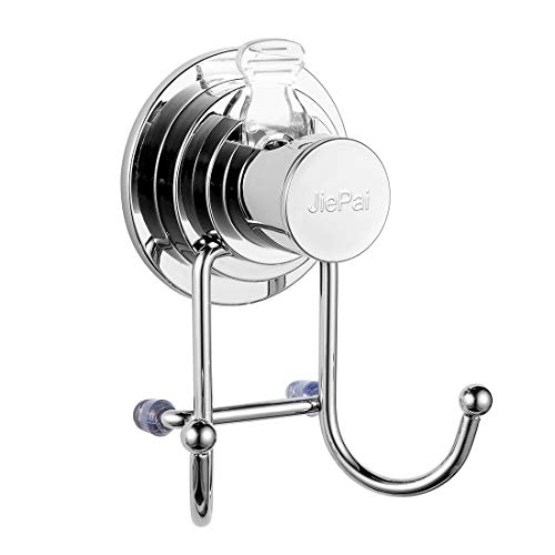 JiePai Suction Cup Towel Hook,Chrome Towel Hook Holder for Bathroom/Kitchen/Door,Stainless Steel Towel Rack Organizer for Towel, Bathrobe,Loofah,Coat,Bags (Suction Cup Towel Hook-Chrome, 1 Pack)