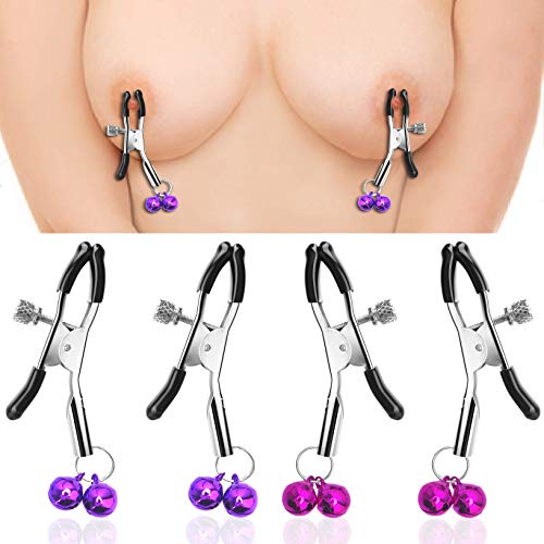 Nipple Clamps with Bell, SEXY SLAVE Adjustable Soft Rubber Tweezer Nipple Clips, SM Fetish Breast Clit Sensual Bondage Nipple Sex Toy(2 Pack, Purple and Rose Pink)