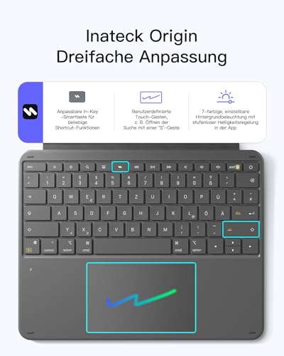 Inateck AceTouch Keyboard Case for iPad Air 13 Inch (2026/2025/2024, M4/M3/M2), Keyboard for iPad Pro 12.9 Inches, 6 Inch Large Trackpad, Removable, QWERTZ, 7 Colours Backlit, with Pen Holder, AceTouch