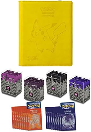 Pokemon Pikachu 9 Pocket Premium Leather Binder & 100 Ultra Pro Pro-Slayer Sleeves (Black Cherry, Black, Hot Pink or Purple)