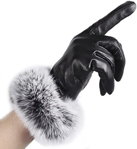 Vovotrade® Women Lady Black Leather Gloves Autumn Winter Warm Faux Fur Mittens (Black)