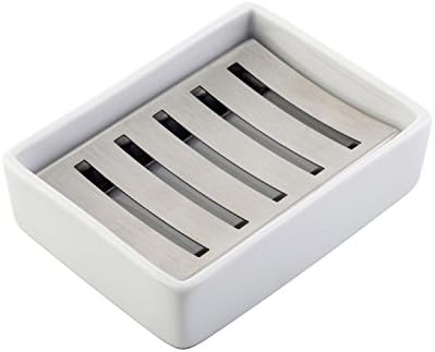 Soap Dish LAUNGDA Ceramic Soap Holder Stainless Steel Soap Dishes Case for Bathroom