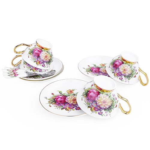ARTVIGOR 12-Piece New Bone China Coffee and Tea Service Set, Floral Patterns 6.8oz / 200ml Cup & Saucer Sets with Spoons for 4 - Thumbnail 5