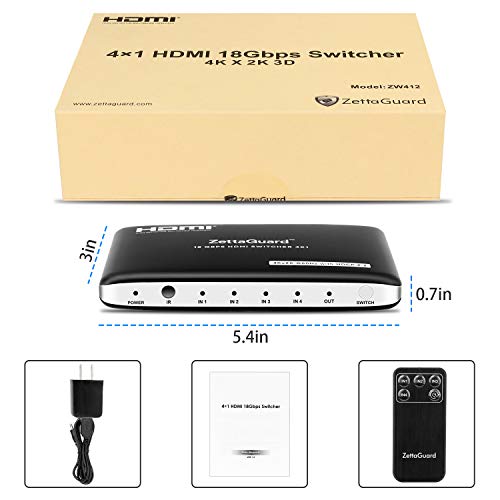Zettaguard Upgraded 4K 60Hz 4x1 HDMI Switcher 4 port HDMI 2.0 Switch Hub HDMI Splitter with IR Remote Control Support 18Gbps 4K x 2K 3D HDCP 2.2(4 In 1 Out)