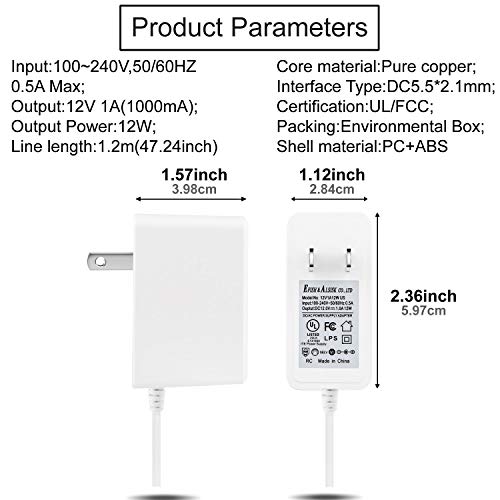 ALSISK DC Power Supply 12V 1A 12W Adapter,AC 100-240V to DC 12V Power Cord for LED Strip,Fish Tank,Clock Radio,Scanner,Switch,Wifi Router,ESCAM QD300,T-Com,Speedport+9 Different Plugs-White - Thumbnail 2