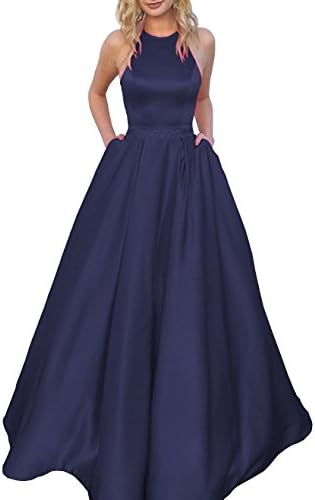 BolodooWomen's Halter A-line Beaded Satin Evening Prom Dress Long Formal Gown with Pockets