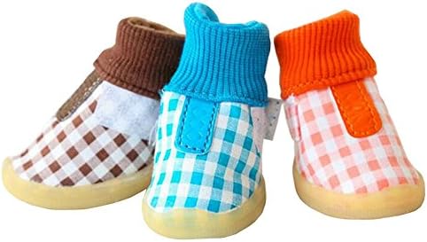 Zerotone Warm Cotton Dog Boots Soft Anti-slip Gum-rubber Velcro Pet Shoes for Small Dog Cat Plaid Style Blue #4
