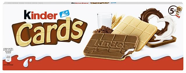 Kinder Cards - Kekswaffeln mit Milch- & Kakaocreme, knusprige Waffeln mit cremiger Füllung, Snack für unterwegs - 1 Packung, enthält 5 Einzelpackungen mit je 2 Kekswaffeln (insgesamt 10 Stück), 128 g 2