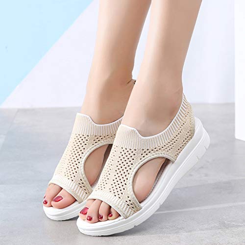 Slip On Walking Shoes,ONLY TOP Women's Mesh Breathable Sandals Lace-Up Running Open Toe Sneakers Beige
