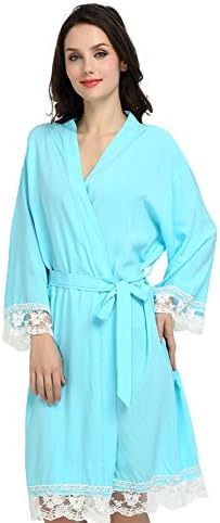 ROMANTIC EMBROIDERED "BRIDESMAID" COTTON ROBE WITH CROCHETED LACE TRIM (Turquoise)