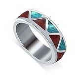 Men's 925 Sterling Silver Turquoise and Coral Gemstone Southwestern Style 6mm Band