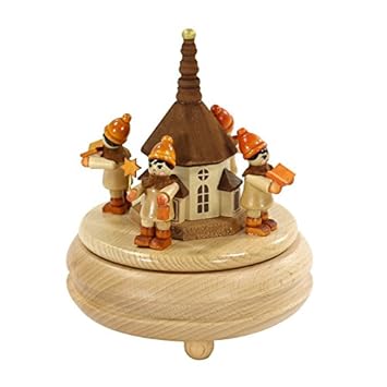 Dekohelden24 Holzspieldose mit Seiffener Kirche und Kurrende, Melodie: Oh du Fröhliche ca. 11 x 11 x 13 cm, Feinste Holzkunst