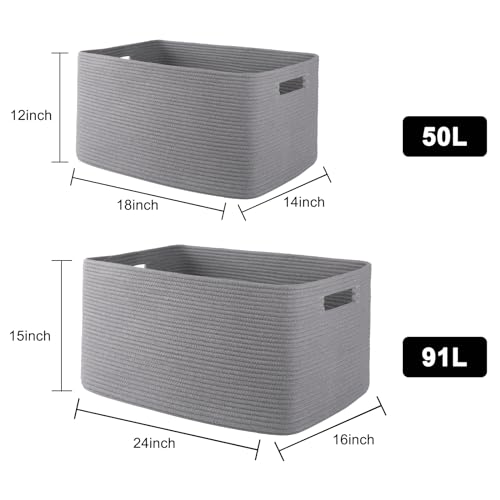 OIAHOMY XXLarge Rectangle Blanket Basket-96L, Cotton Woven Basket for Storage, Dirty Clothes Basket for Living Room, Nursery, Bedroom, Toy Organizing with Handle, 24" x 16" x 15", Grey