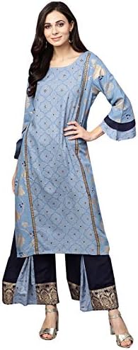 Ishin Women Blue & Navy Blue Viscose Rayon Printed Tunic Tops Long Dress Palazzo Kurta Set