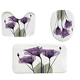 Toilet mats Set Fiaya 3Pcs /4PCS Floral Leaf Cactus Multicolor Polyester Bathroom Set Rug Contour Mat+Toilet Lid Cover +Plan Solid Color Bath Mats +Shower Curtain (3PCS, Purple Lotus)