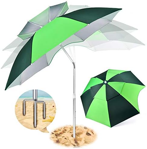 Rainbrace Portable Beach Umbrella with Sand Anchor Windproof, Large Beach Umbrella for Sand, Double Layer Tilt with Free Carrying Bag - Green