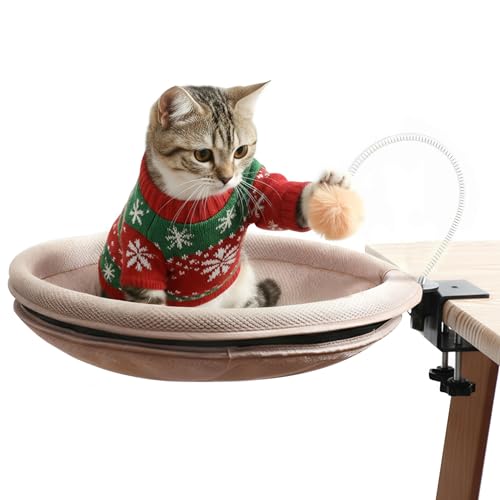 RASSR Cat Desk Bed with Teaser Wand, Under Desk Cats Bed Platform with Sturdy Clamp, Space-Saving Cat Perch Mounts Underneath Desk for Large Cats(Khaki)