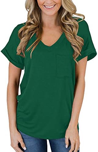 FAVALIVE Women's Short Sleeve Tops Casual V-Neck T-Shirts with Front Pocket