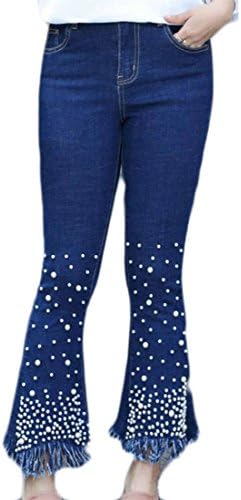 Conffetti Women's Jeans Plus Size Denim Beaded Bell Bottom Trousers Stretchy Fringe Pants Blue L