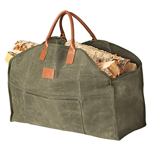 Sackliin Heavy Duty Waxed Canvas Log Carrier, Firewood Carrier Tote Bag