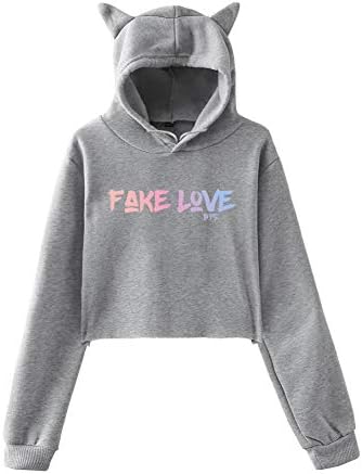 SLIEWU Women BTS Fake Love Hooded Sweatshirt Girls Cat Ears Crop Top