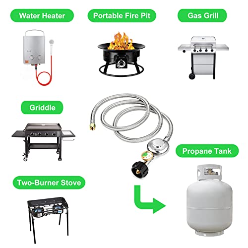 WADEO 5FT Gas Grill Regulator and Hose with Gauge, Stainless Braided