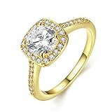 Women Wedding Rings Gold Plated Princess Cut Cubic Zirconia Cushion Solitaire Engagement Ring by Aienid