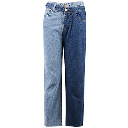 High Waist Patchwork Hit Color Detachable Blue Jeans Straight Denim Pants Women,Blue,XL
