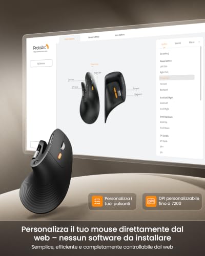ProtoArc EM11 Pro Mouse Ergonomico Verticale con Rotella di Scorrimento Orizzontale | Pulsante Personalizzabile, 2*Bluetooth + 2,4 G Wireless, Ricaricabile, per PC da Ufficio, Mac, Windows, Linux