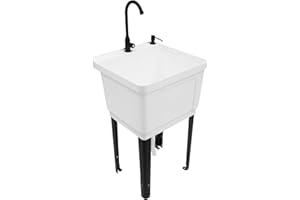 YUNLAIGOTOP White Utility Sink, 19.3 Inch Laundry Room Sink, Free Standing Laundry Sink with Faucet+Soap Dispenser+Drain Pipe Kit, Laundry & Utility Room Sinks for Restaurant, Laundry, Utility Room