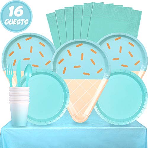 Partybus Party Supplies Set - Serves 16, 118 Ct, Sky Blue Ice Cream Theme Party Disposable Tableware Kit for Boys Girls Kids Birthday Decorations, Includes Dinner Plates, Dessert Plates, Napkins, Cups, Table Cloth, Silverware - Thumbnail 7